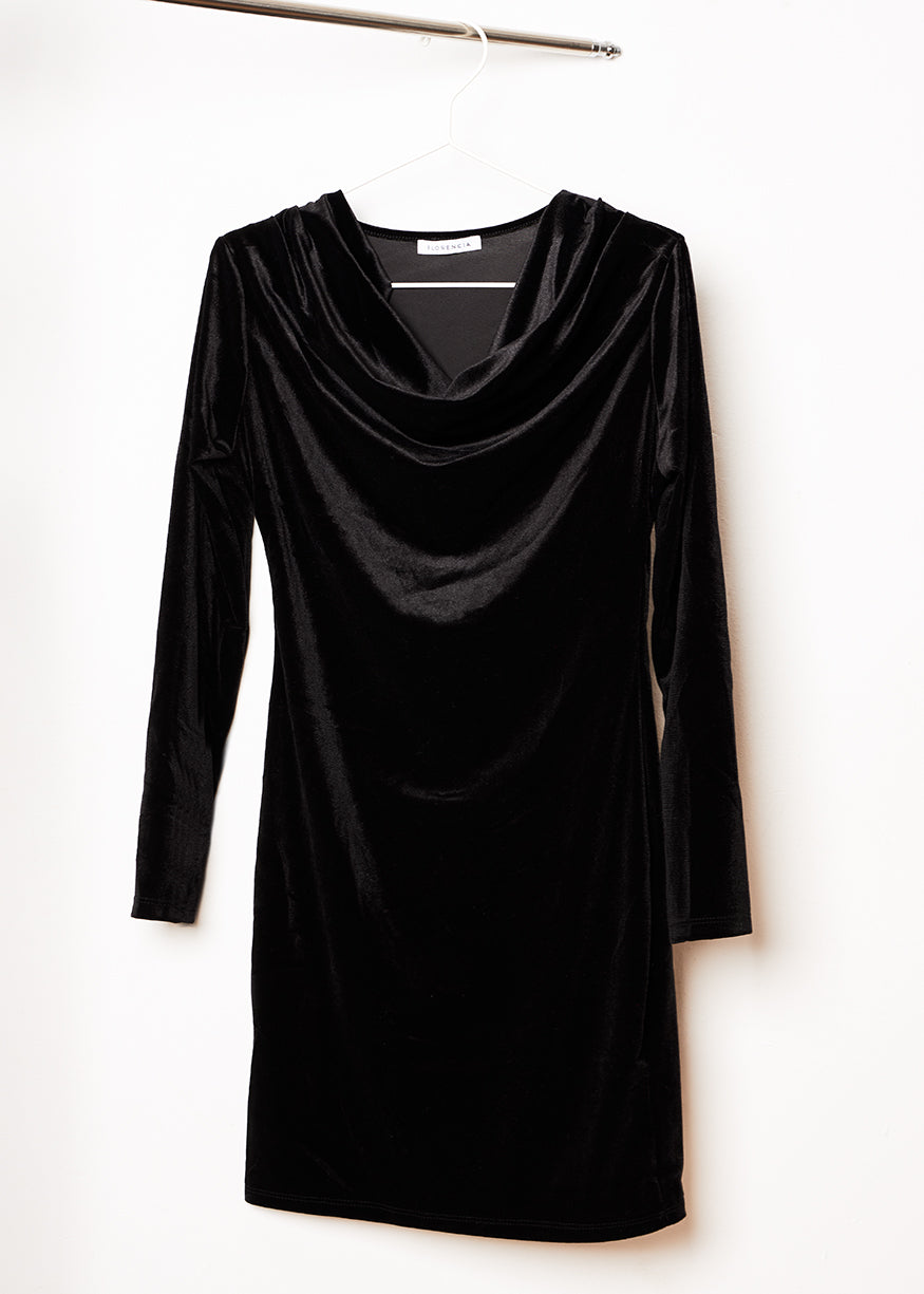 Velvet dress with draped neckline