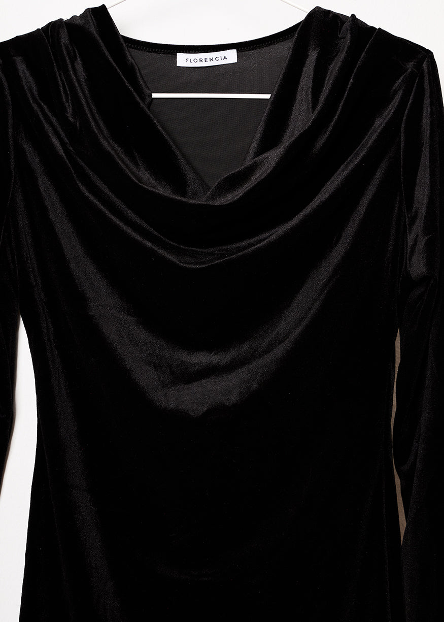 Velvet dress with draped neckline