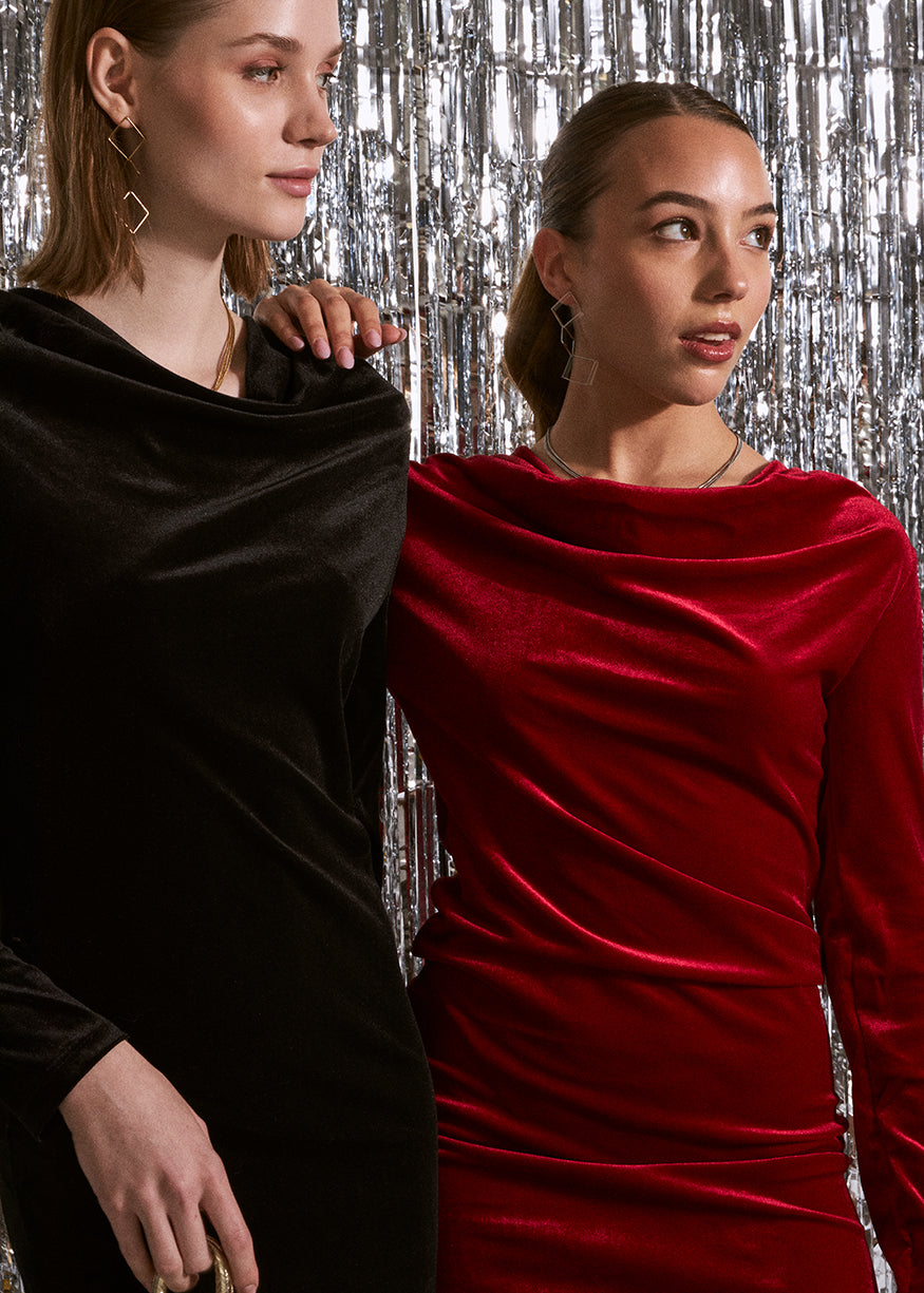 Velvet dress with draped neckline