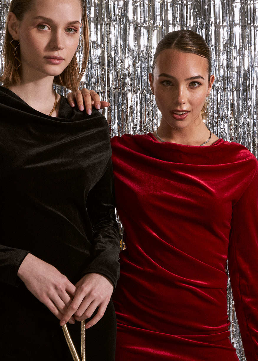 Velvet dress with draped neckline