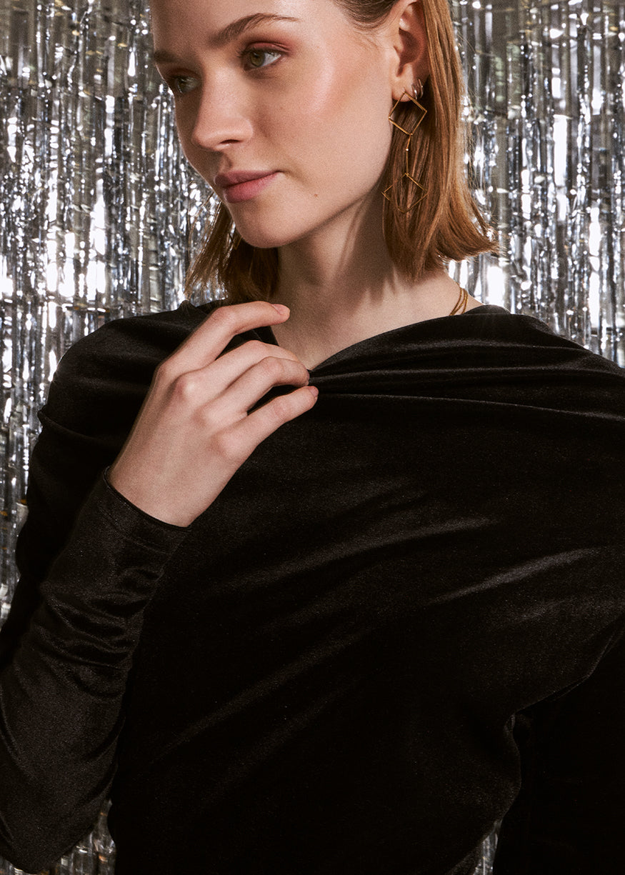 Velvet dress with draped neckline
