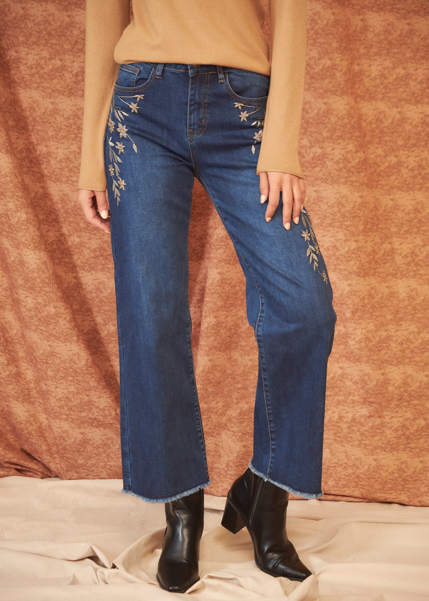 Embroidered wide leg jeans