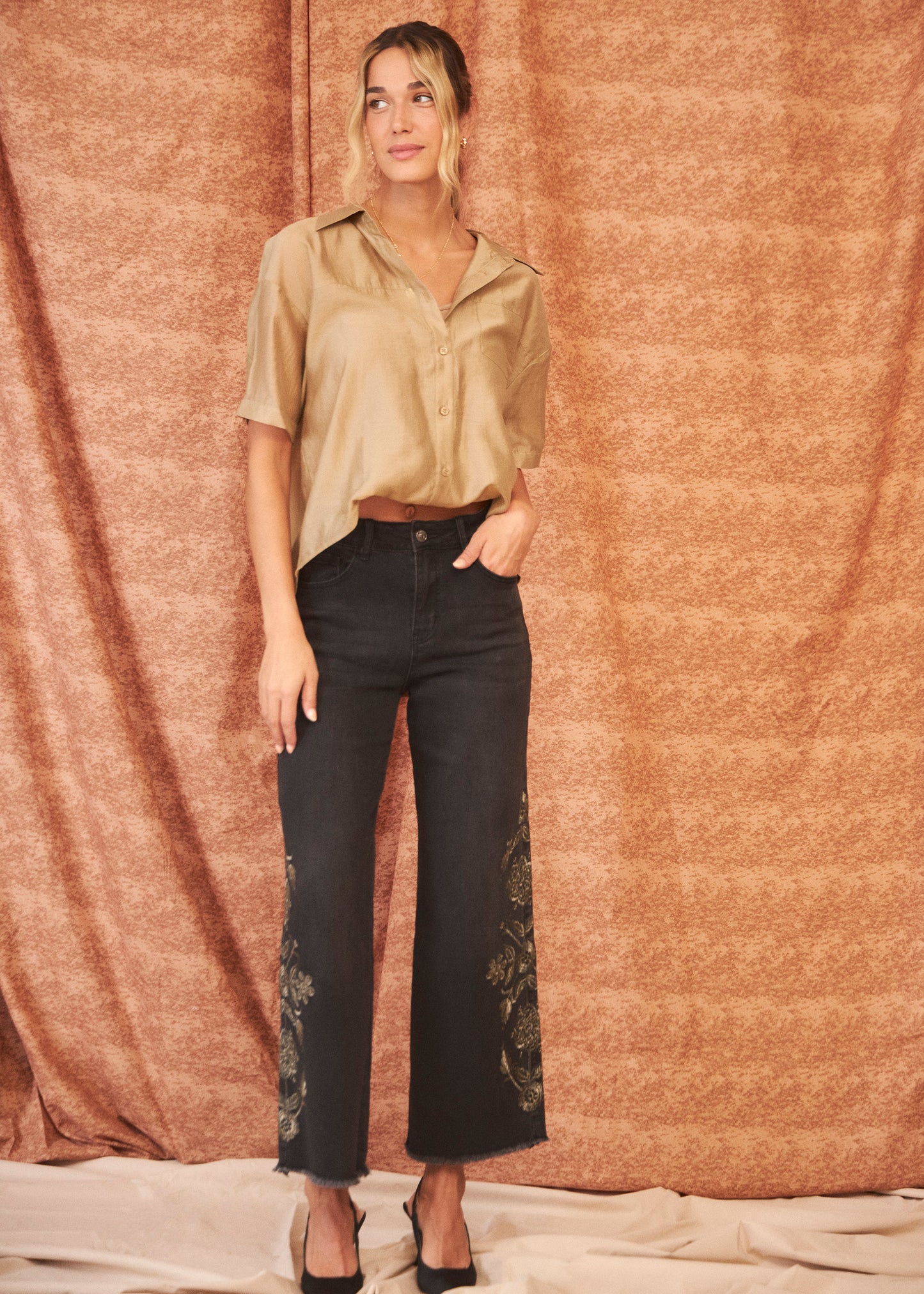 Embroidered wide leg jeans