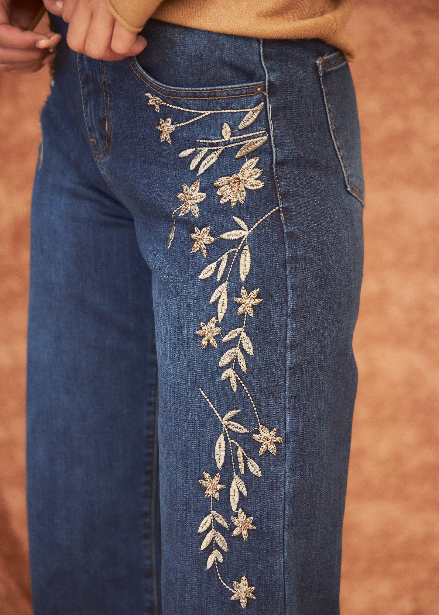 Embroidered wide leg jeans