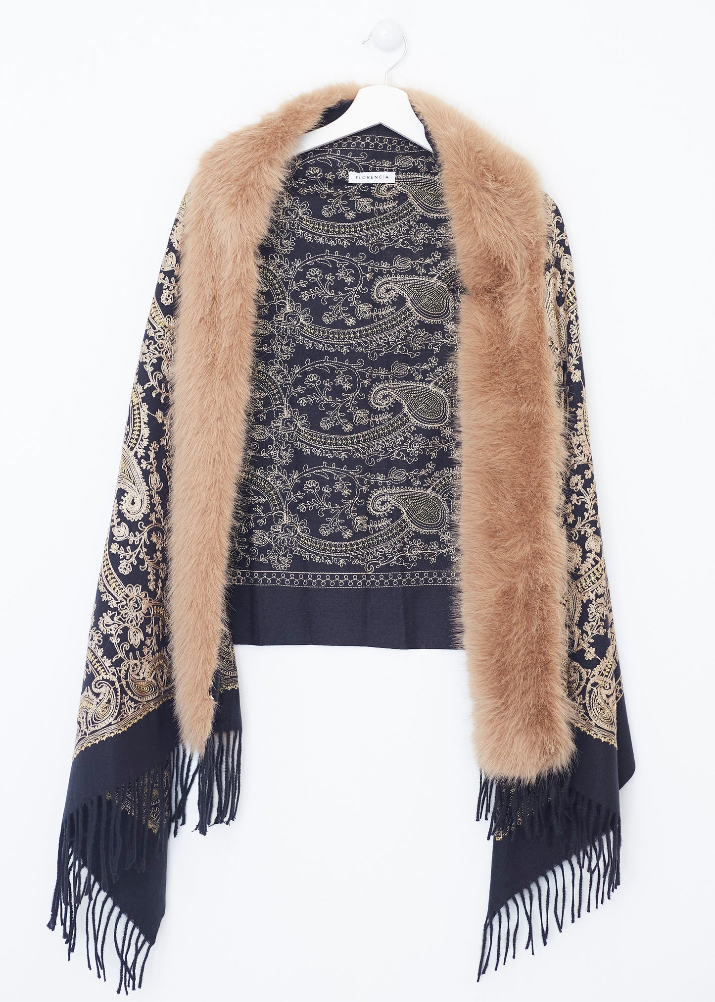 Embroidered shawl with fur effect