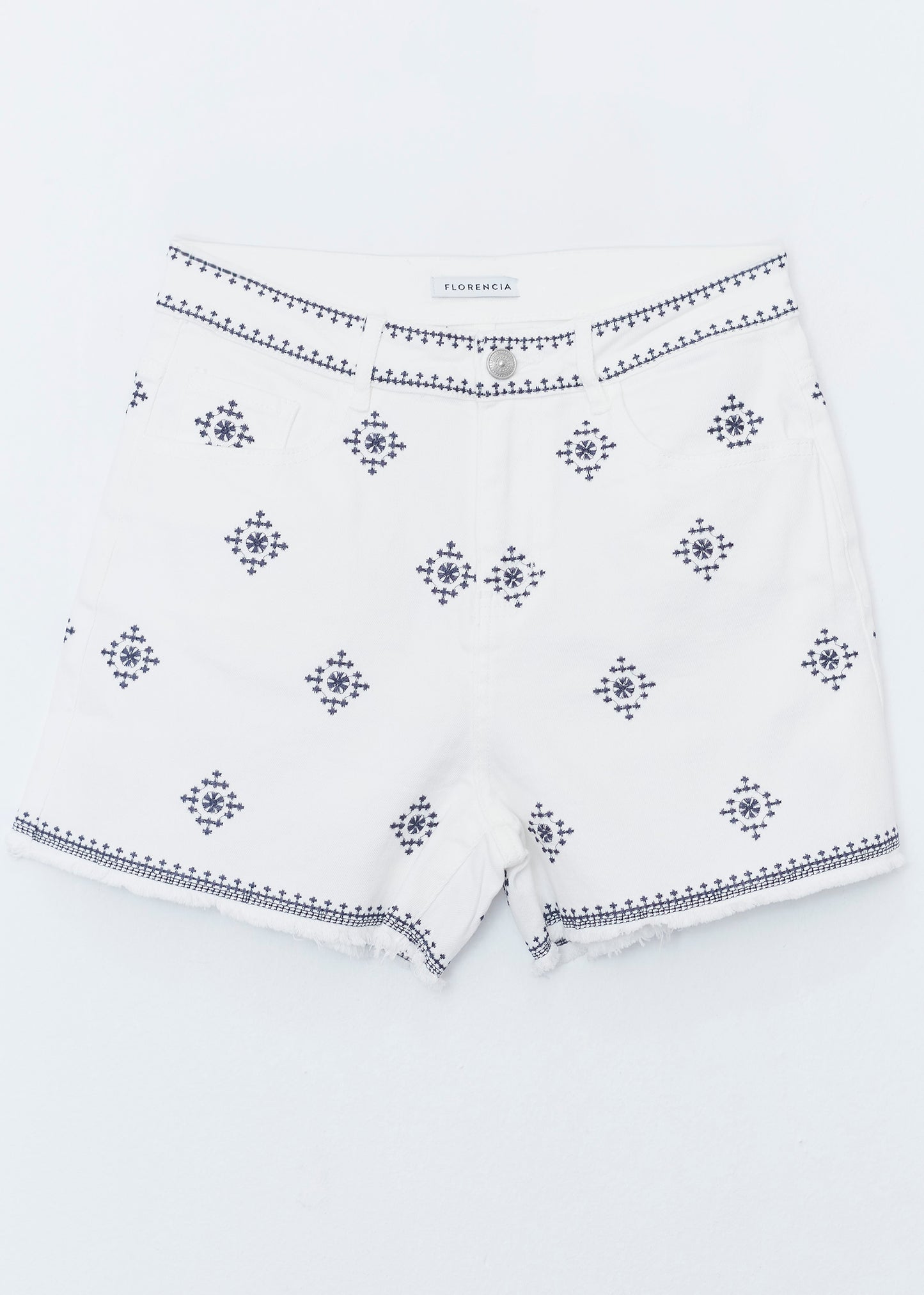 Short denim bordados geométricos