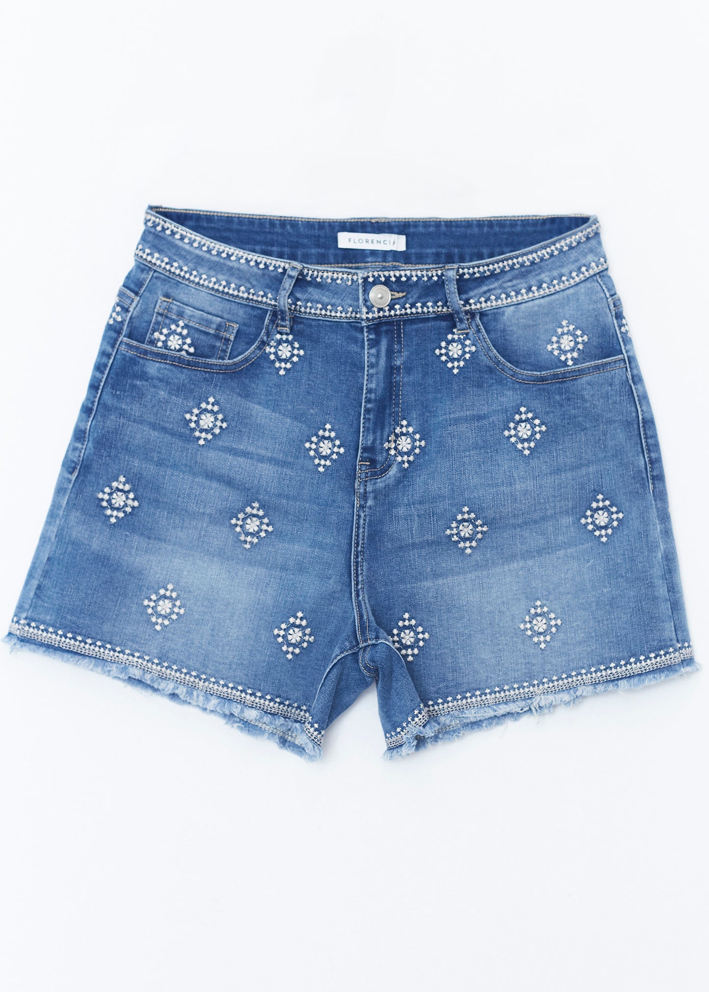 Short denim bordados geométricos