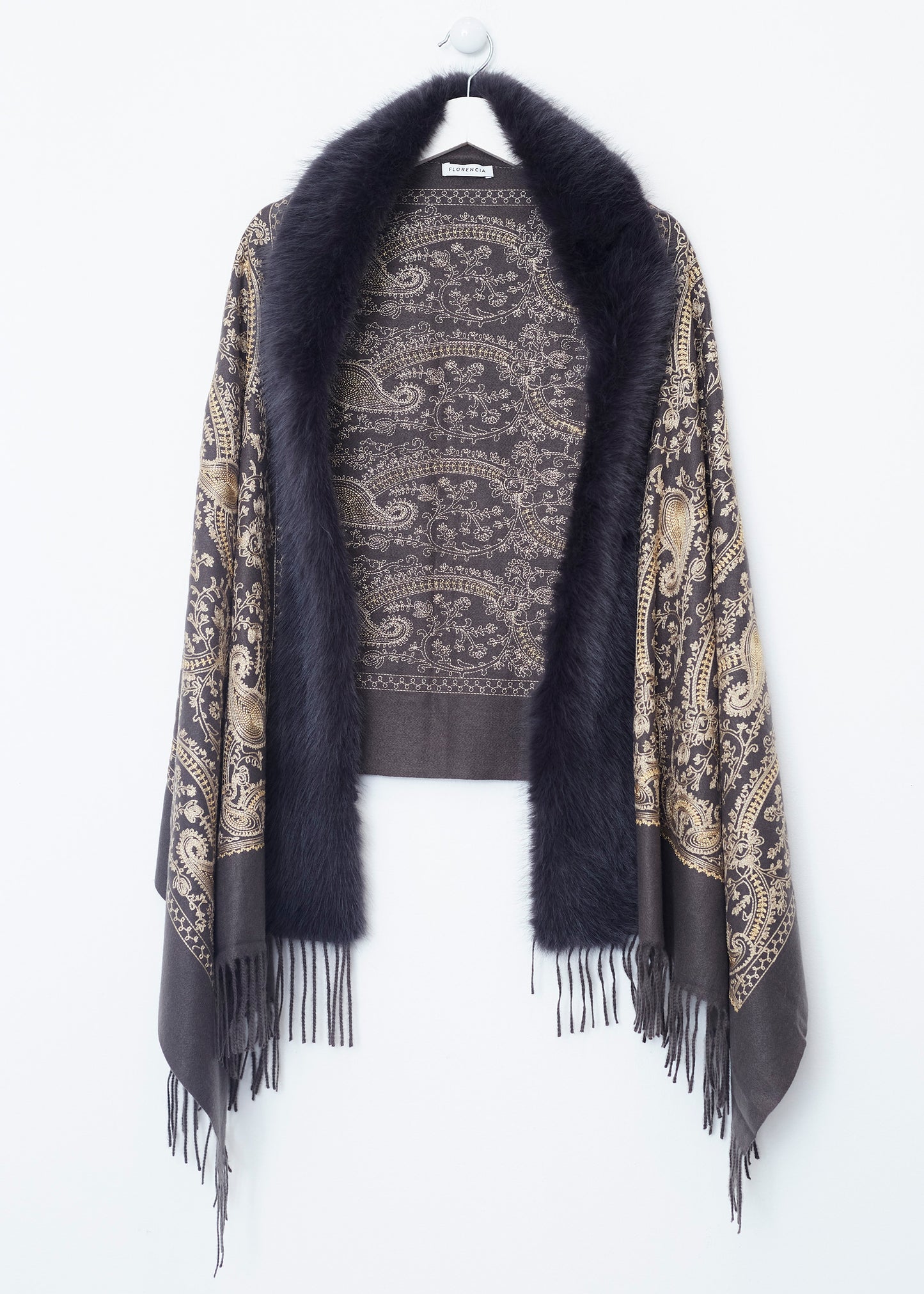 Embroidered shawl with fur effect