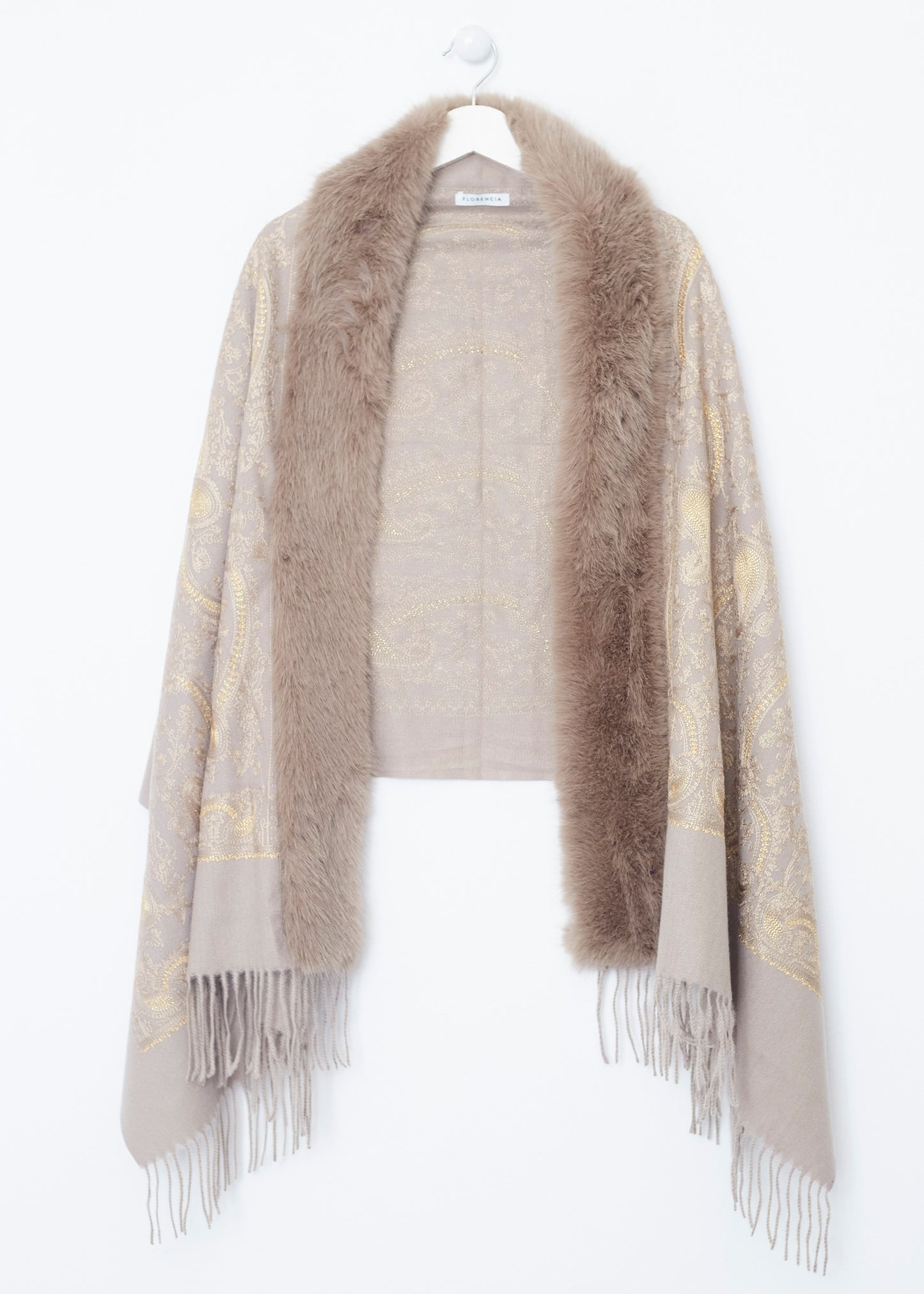 Embroidered shawl with fur effect