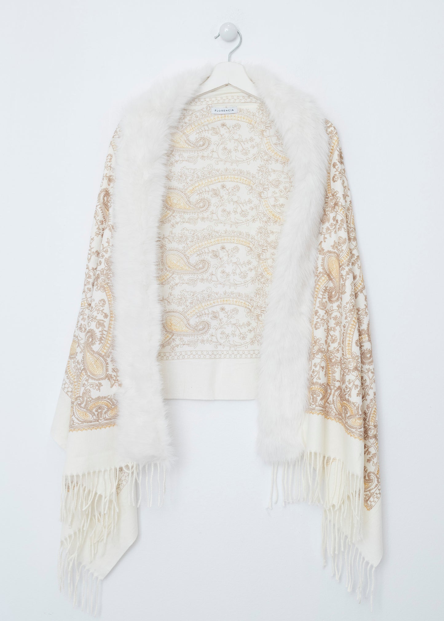 Embroidered shawl with fur effect