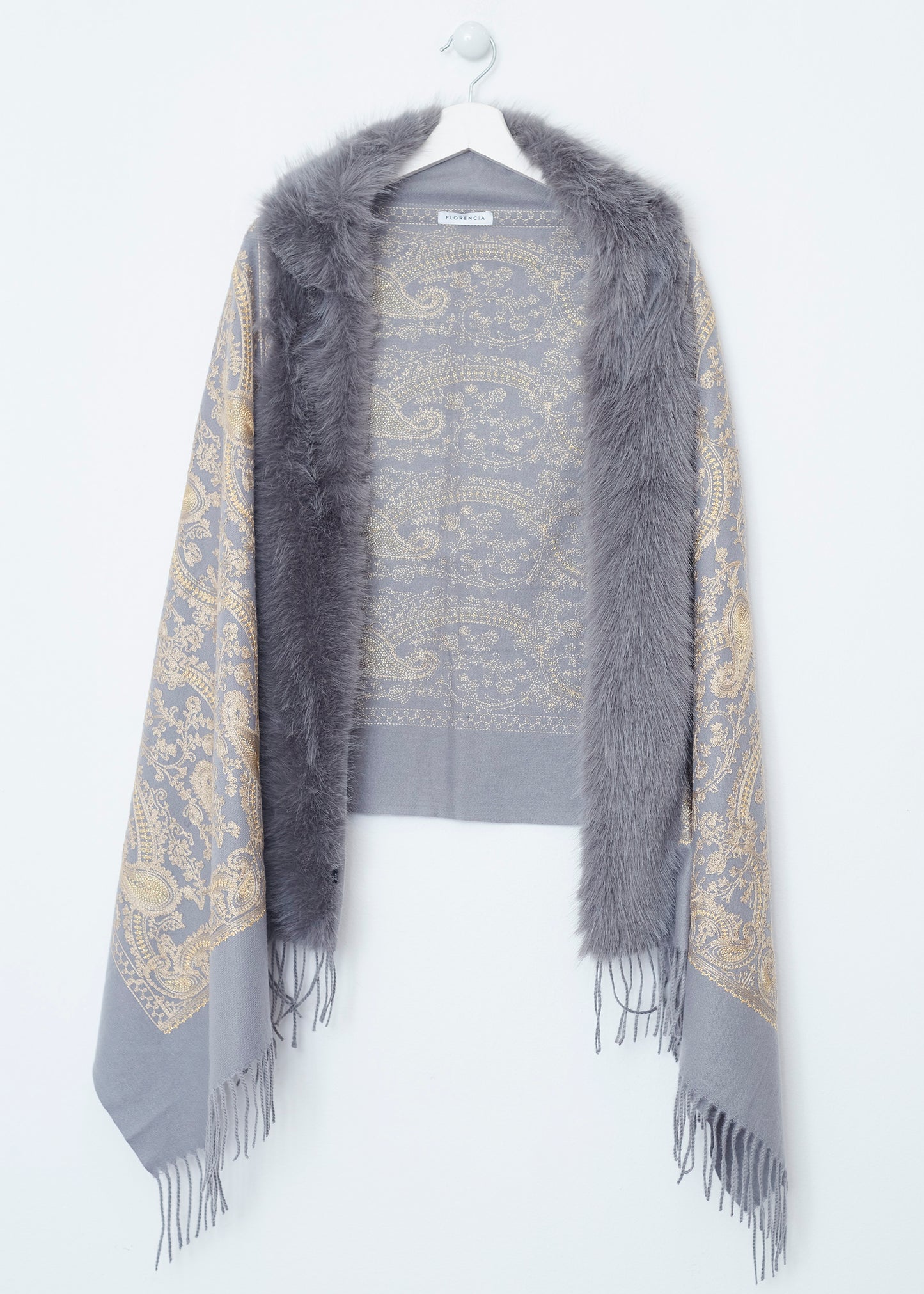Embroidered shawl with fur effect