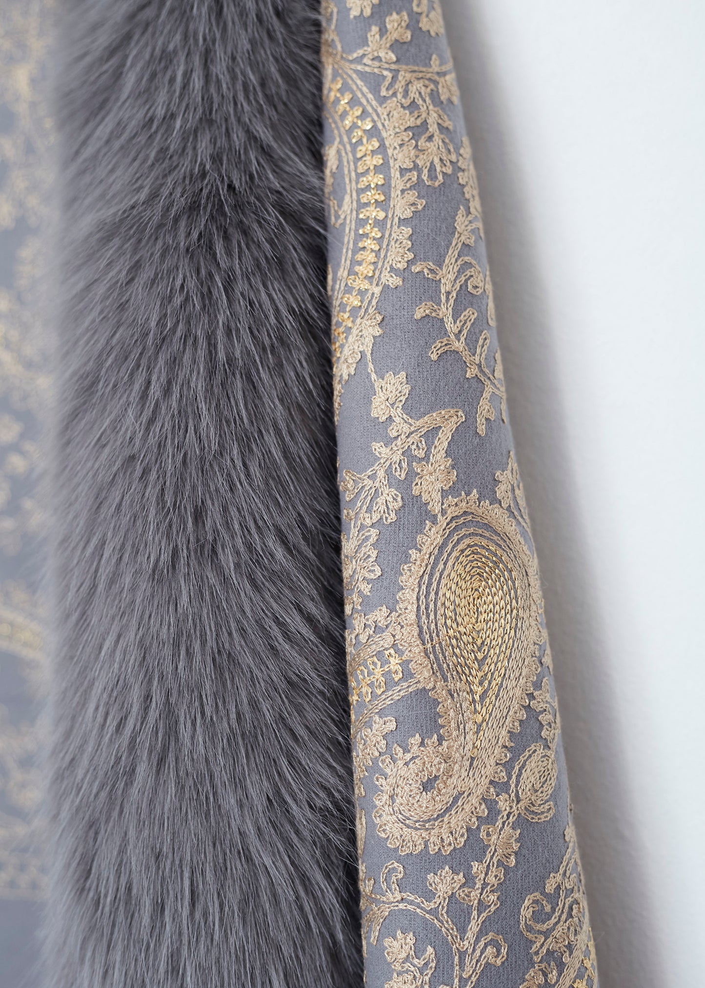 Embroidered shawl with fur effect