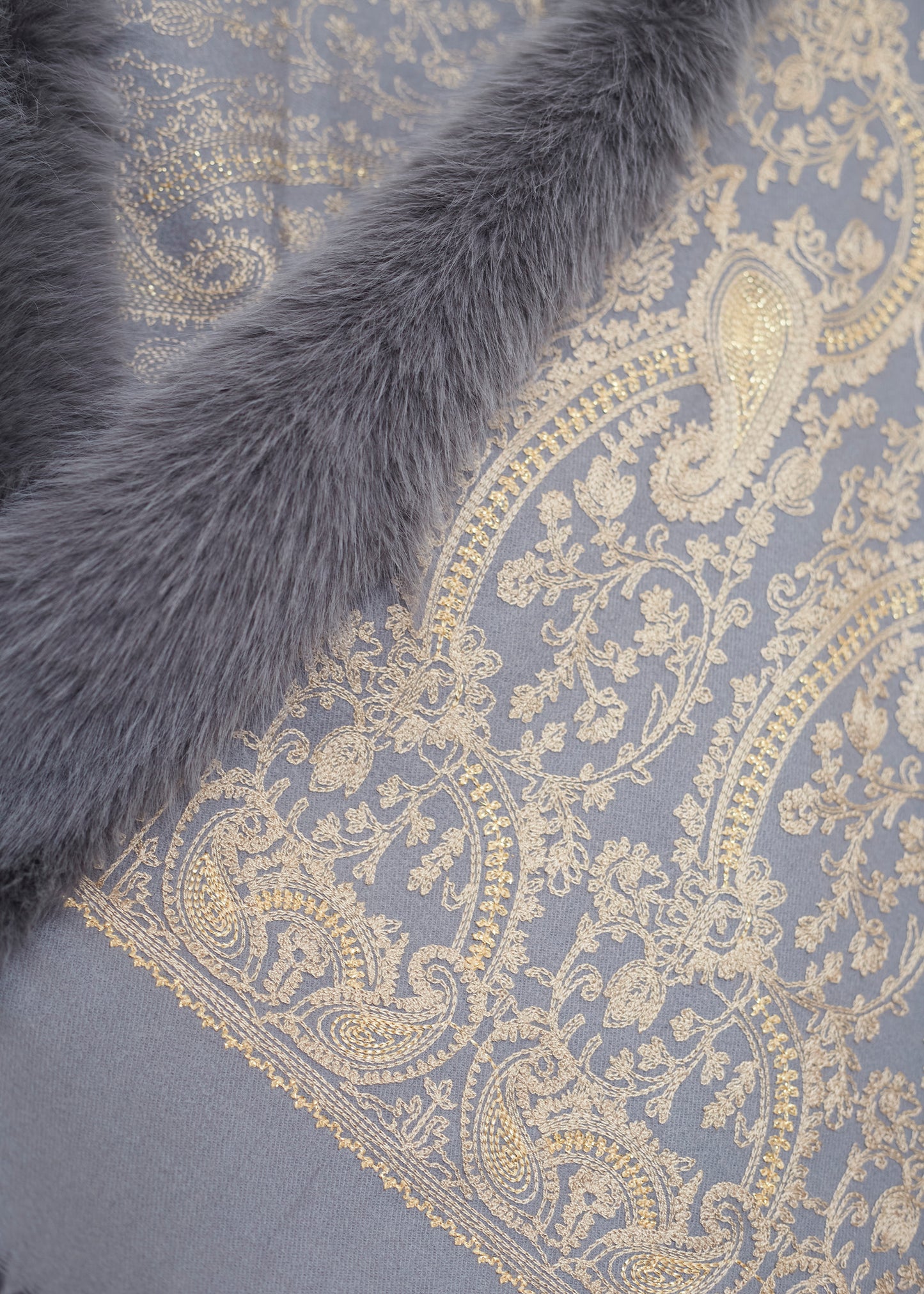 Embroidered shawl with fur effect