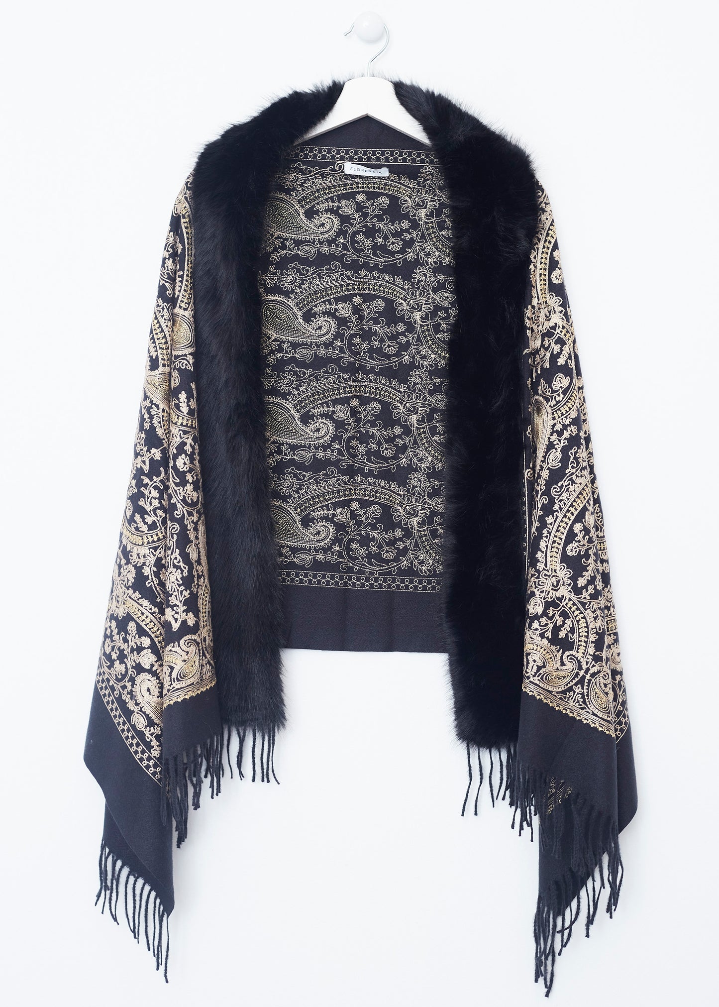 Embroidered shawl with fur effect