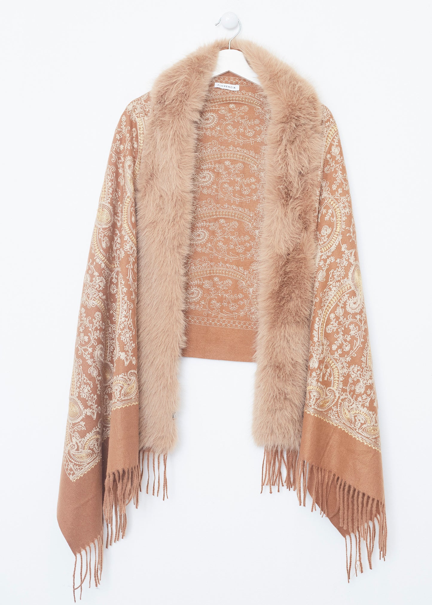 Embroidered shawl with fur effect