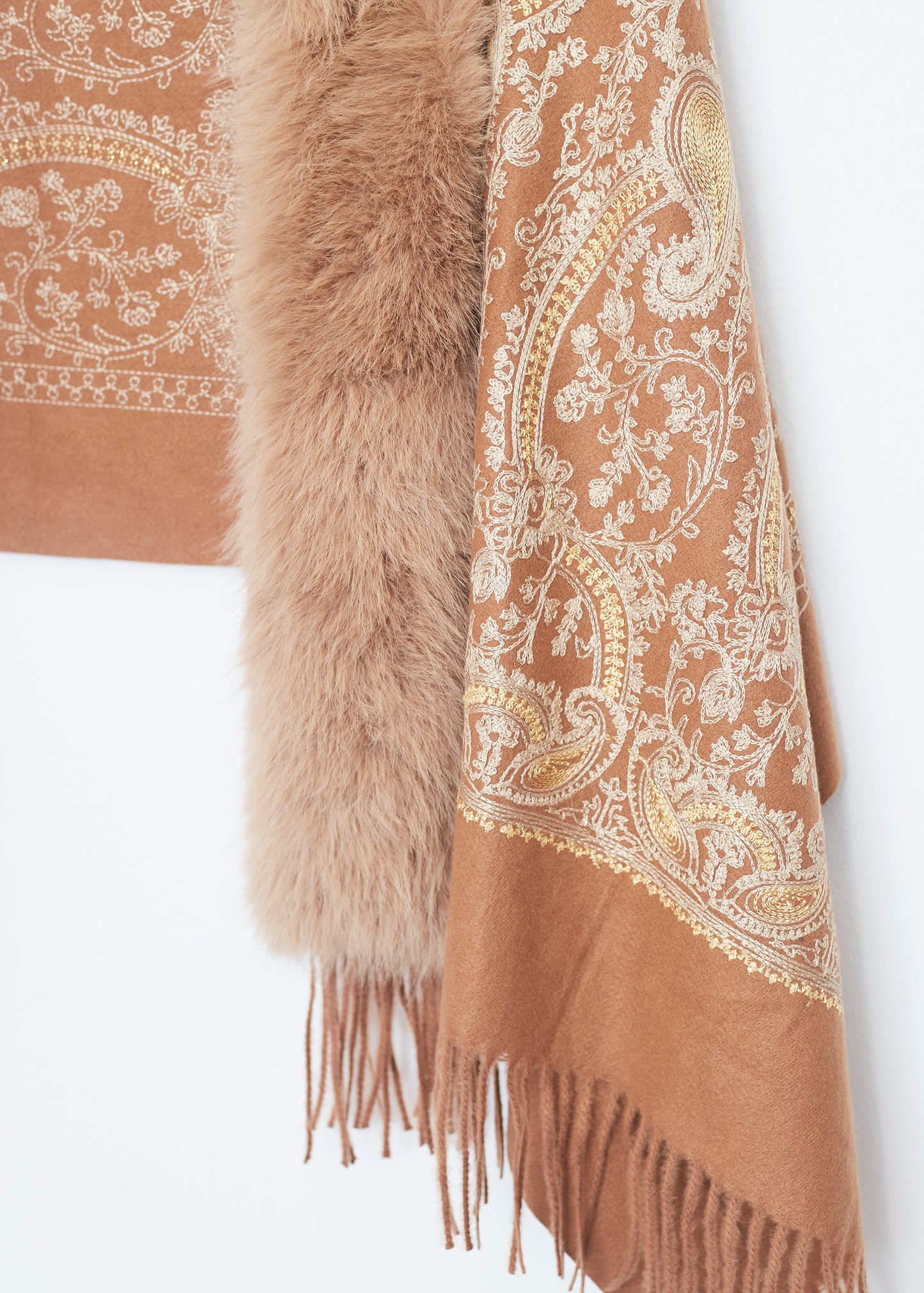 Embroidered shawl with fur effect