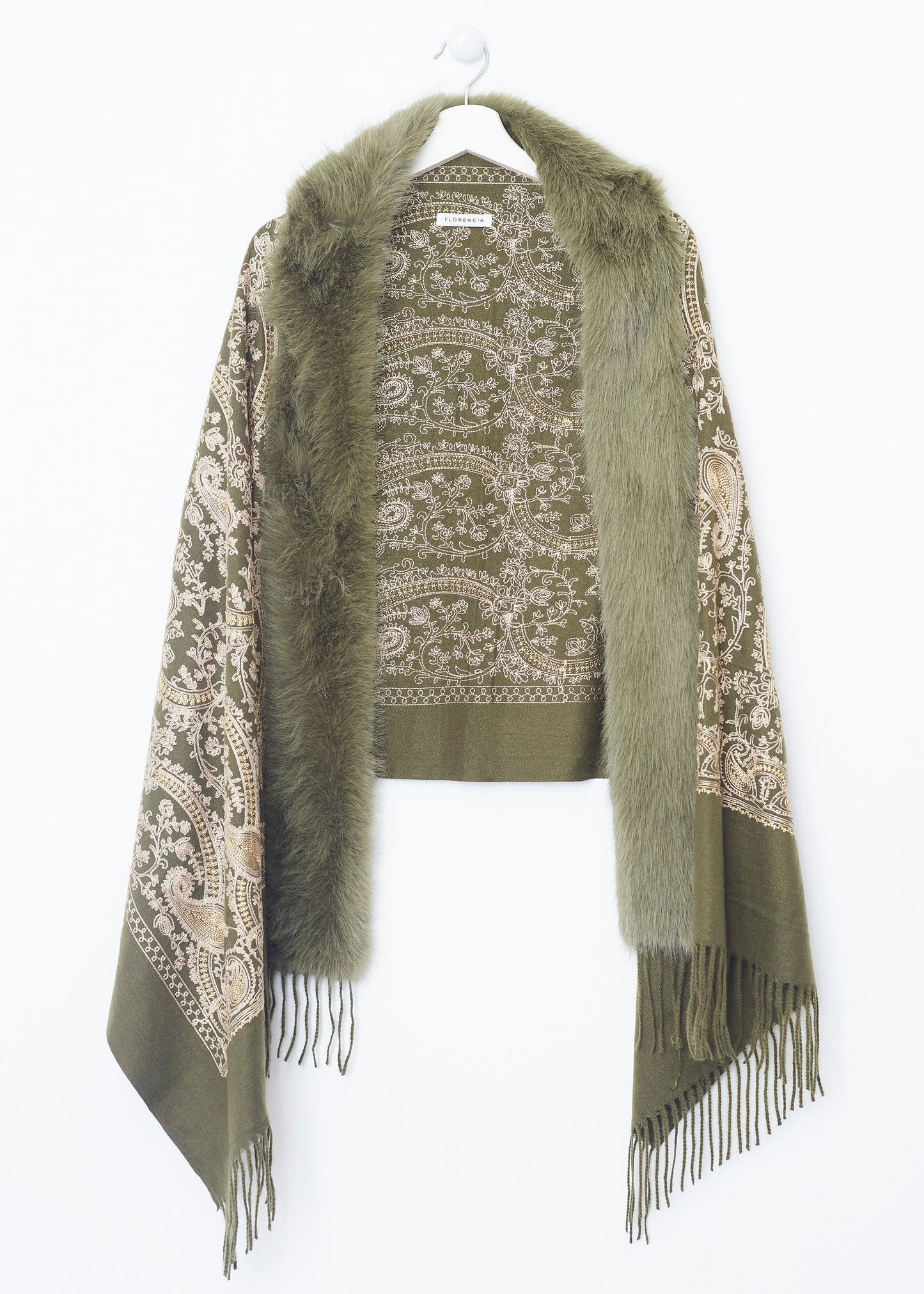 Embroidered shawl with fur effect