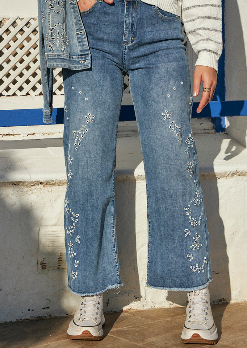 Embroidered wide leg jeans
