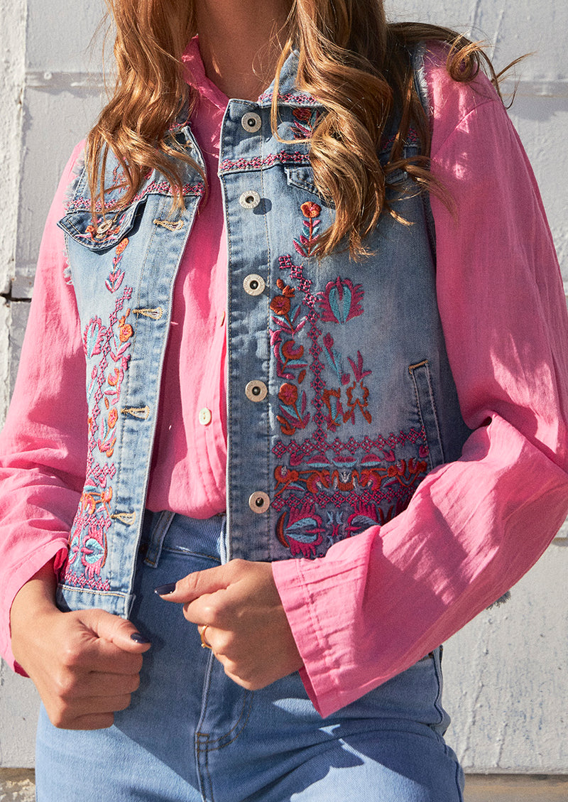 Embroidered denim vest