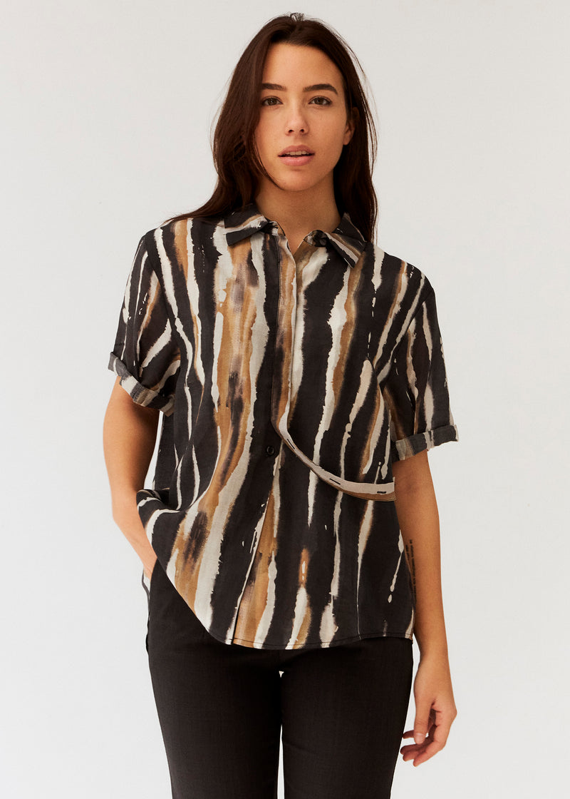 Printed short-sleeved organza shirt