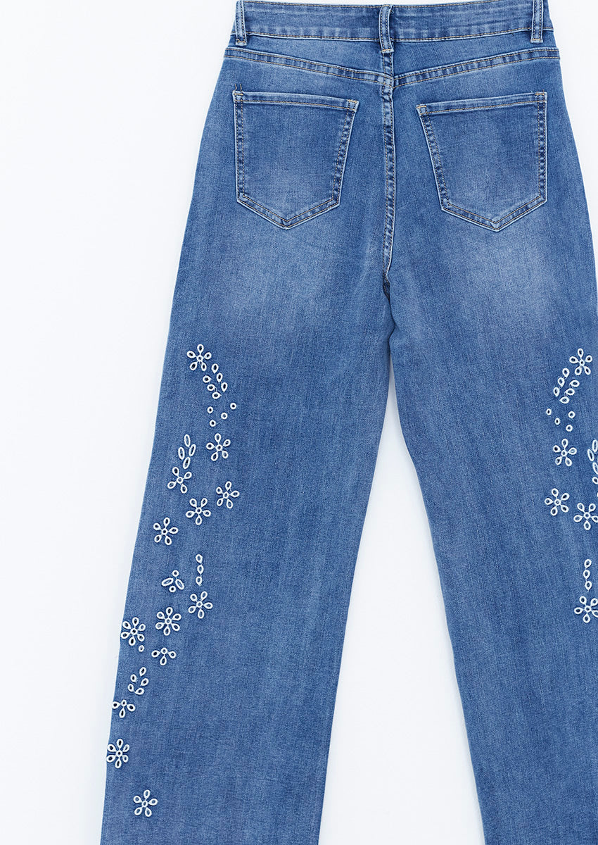 Embroidered wide leg jeans