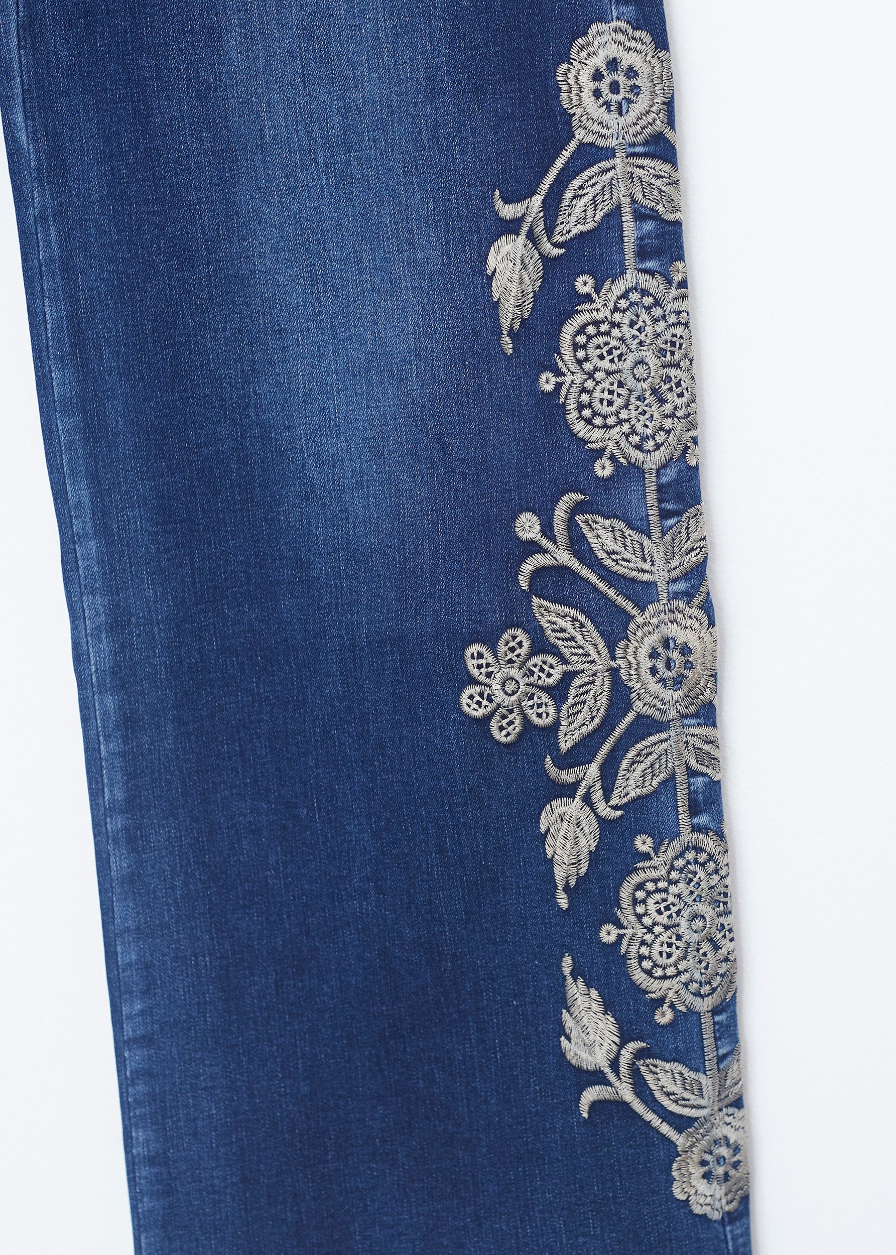 Pantalones Vaqueros Ajustados Para Mujer | Cintura Media Con Bordados Florales | Color Azul | Talla Large