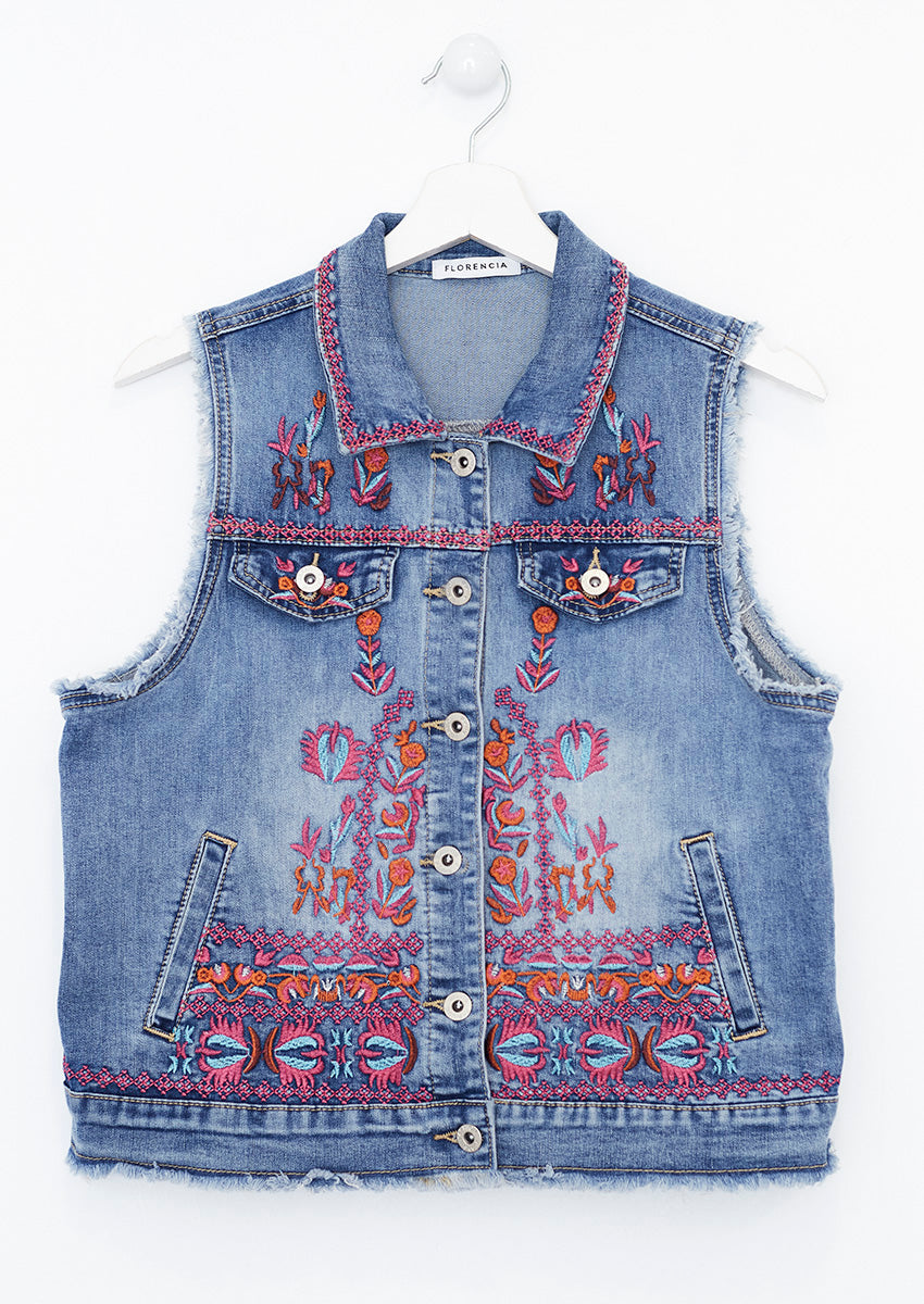Embroidered denim vest