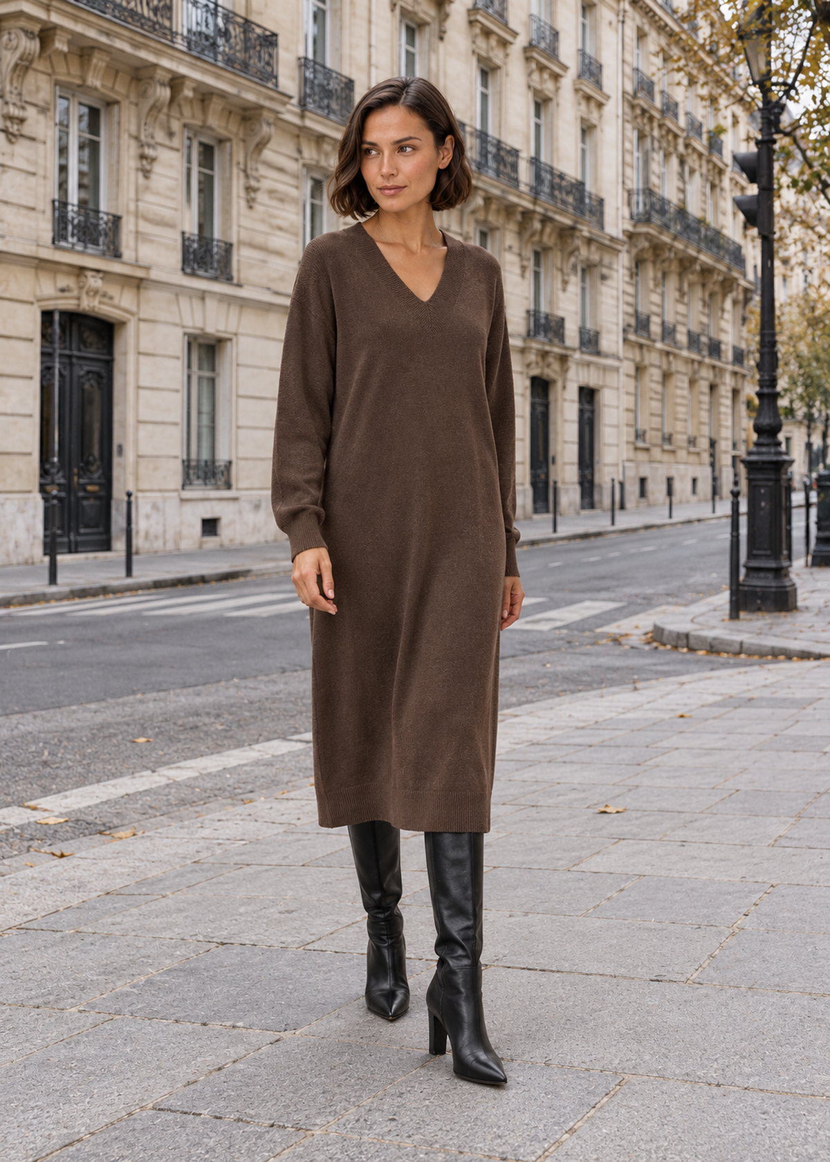 Vestido tricot sin costuras cuello punta