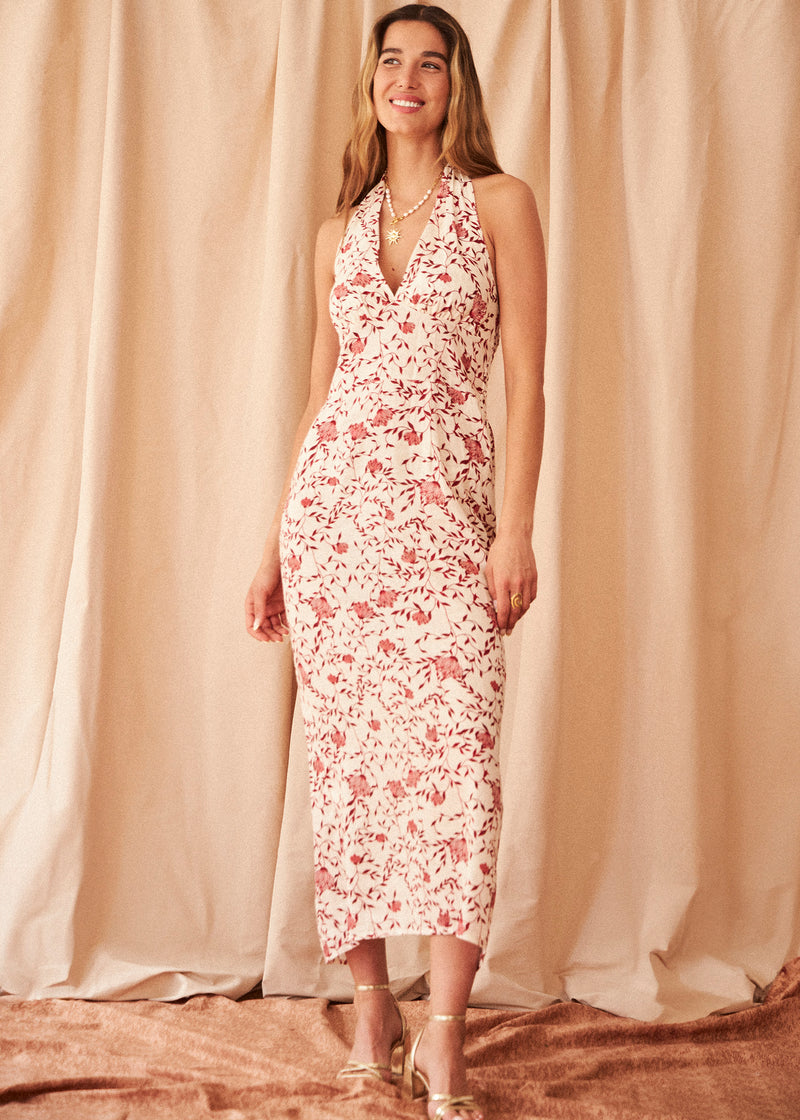 Printed linen halter dress